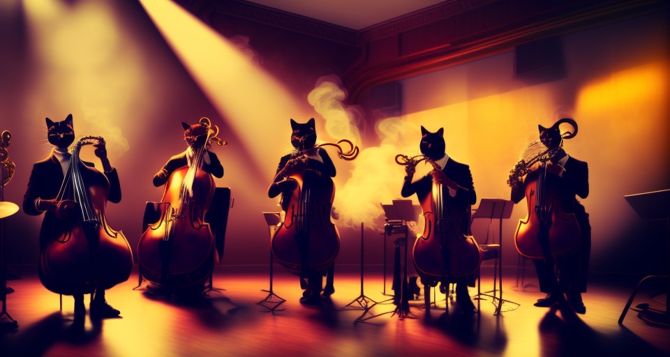 Generated with Estilovintedois: cats, playing jazz, jazz club, hazy lighting, smoky, clarinet, saxophone, drums, double bass, disney, 4k